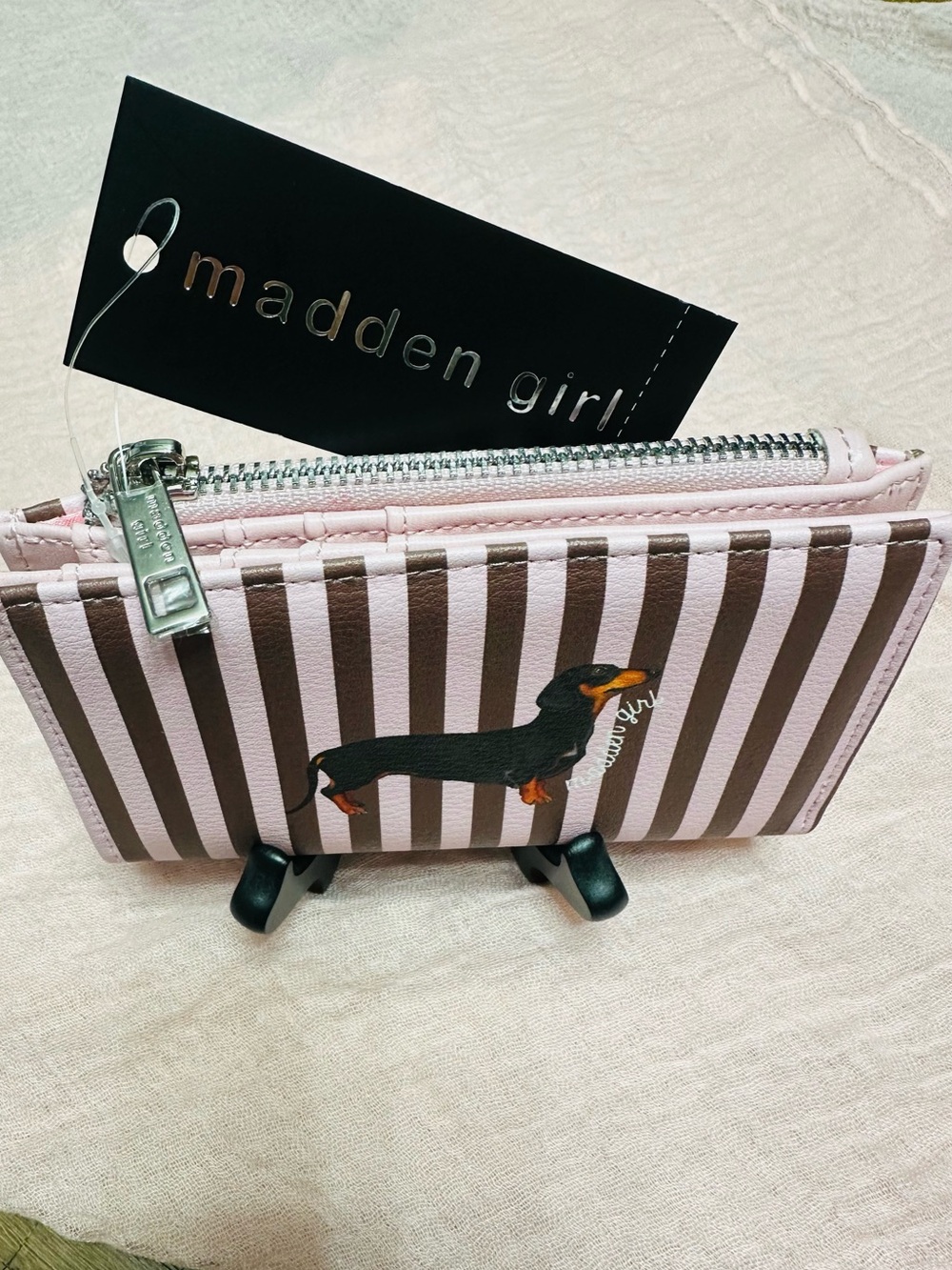 NWT Madden Girl Viral Pink & Brown Striped Dachshund Bifold Wallet